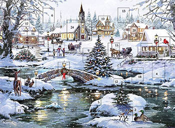 Perinteinen joulukalenteri jossa on talvinen kaupunkimaisema